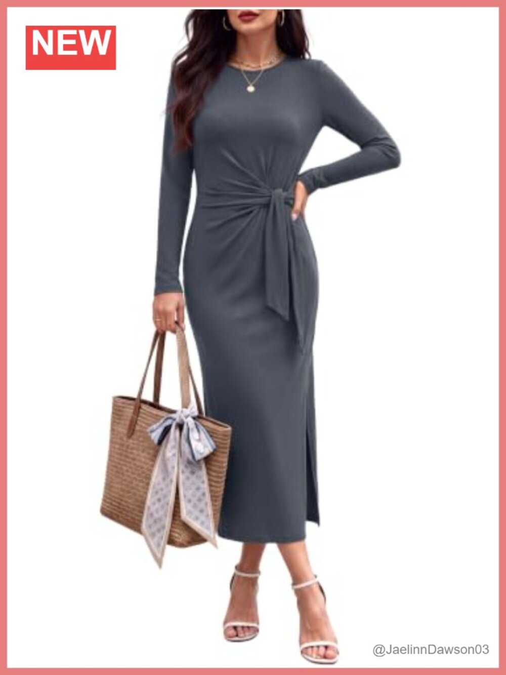 Women's Long Sleeve Maxi Dress Tie Waist Side Slit Casual Fall